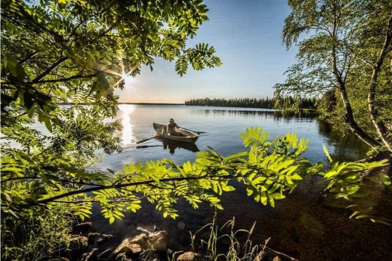 Hattupäinen mies soutaa aurikoisella järvellä.
