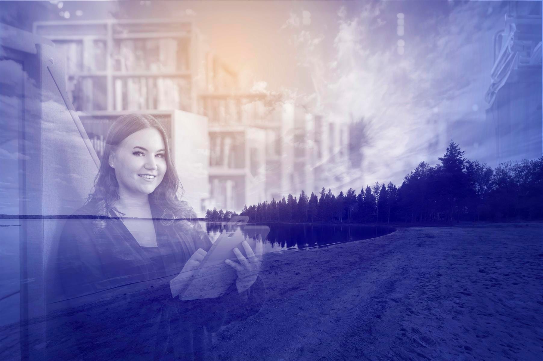 Kaksoisvalotuskuva jossa nuori nainen kirjastossa ja hiekkaranta